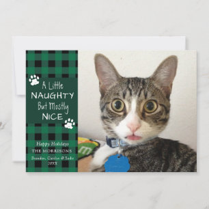 Tarjeta Festiva Mascota Gato Travieso y Bueno Cuadros Verdes y Neg