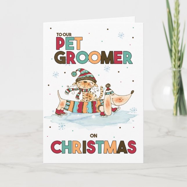 Tarjeta Festiva Mascota Groomer sobre Navidades Perro Wiener y gat (Anverso)