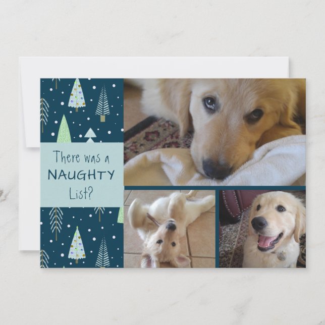 Tarjeta Festiva Mascota Naughty o Nice Blue Trees 3 fotos (Anverso)