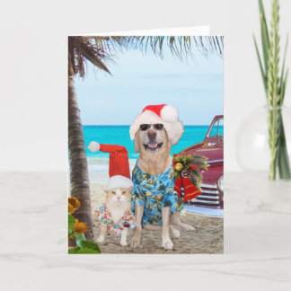 Tarjeta Festiva Mascotas divertidos Navidades hawaianos/surfistas
