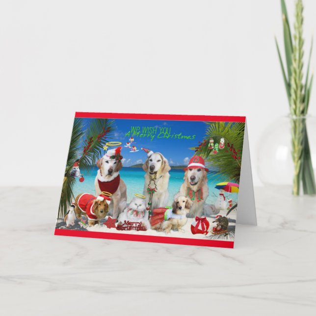 Tarjeta Festiva Mascotas educados celebrando a Navidades en la pla (Anverso)