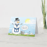 Tarjeta Festiva Masonic Frosty de los Navidades Snowman<br><div class="desc">¿Cuál es el secreto de este muñeco de nieve? ¿Puede ser que sea un albañil y pueda soportar el calor? ¡Envíen algunas buenas risas y ovaciones a sus hermanos lodge y sus familias este año con estas graciosas tarjetas de Navidades masónicos! El divertido diseño navideño y el ilustracion personalizado de...</div>