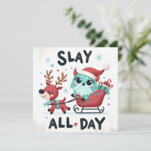Tarjeta Festiva Mata todo el día trineo de Santa lindo y esponjoso