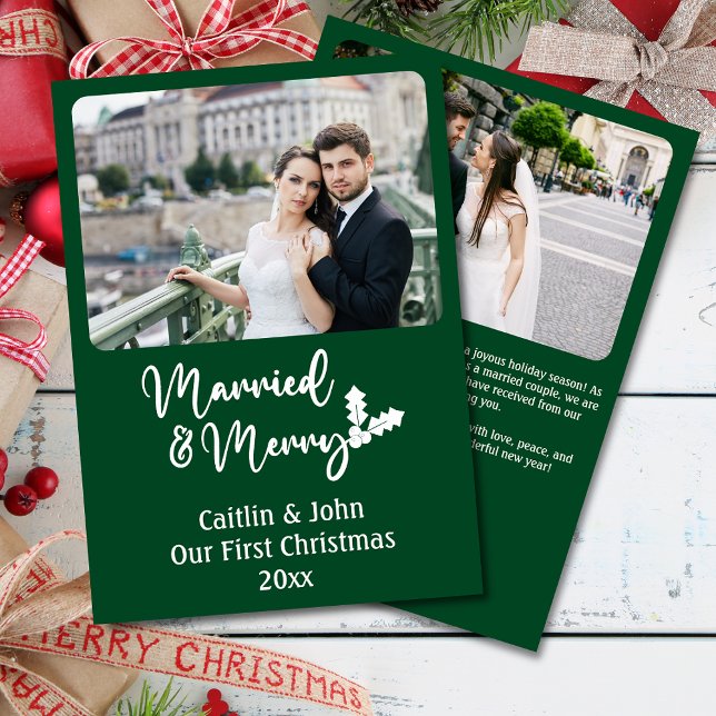 Tarjeta Festiva Matados y merry recién casados Navidades Green (Married and Merry, Our First Christmas as Newlyweds Christmas card with 2 photos in green with white)