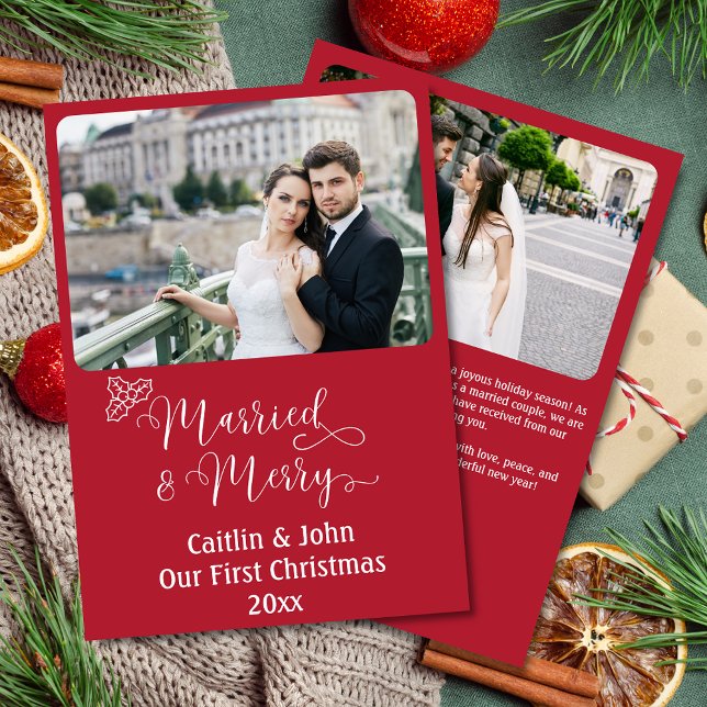 Tarjeta Festiva Matrimonio Personalizado recién casados Primera Na (Married & Merry, Our First Christmas personalized 2-photo card with custom message on the back.)