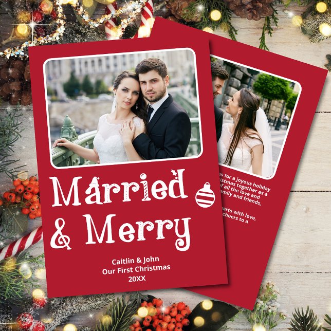 Tarjeta Festiva Matrimonio recién casado Navidades 1ª Foto Red (Married & Merry Custom Red 2-Photo Christmas Card, whimsical font, personal message on the back.)