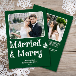 Tarjeta Festiva Matrimonio recién casado Navidades 1ª foto Verde