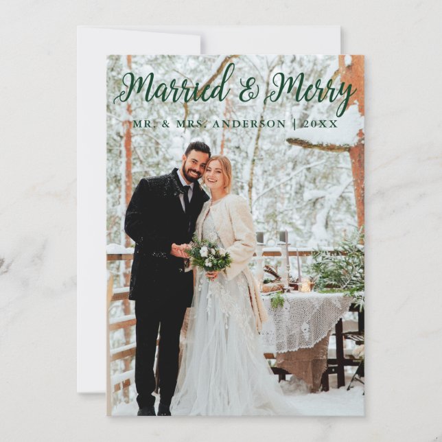 Tarjeta Festiva Matrimonio y Feliz Boda Foto Verde (Anverso)