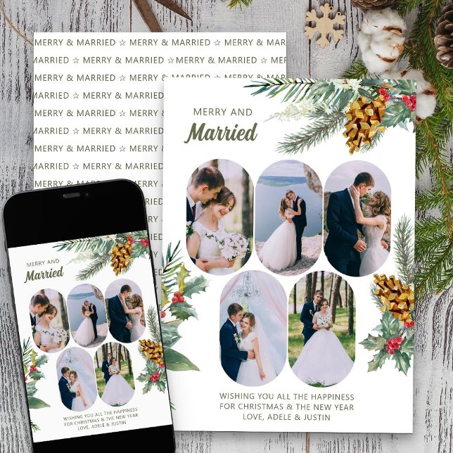 Tarjeta Festiva Matrimonio y matrimonio 5 Foto Holly y Pine Newlyw (Merry & Married Photo Holiday Card from Rounded Lozenge Photo Collage collection)