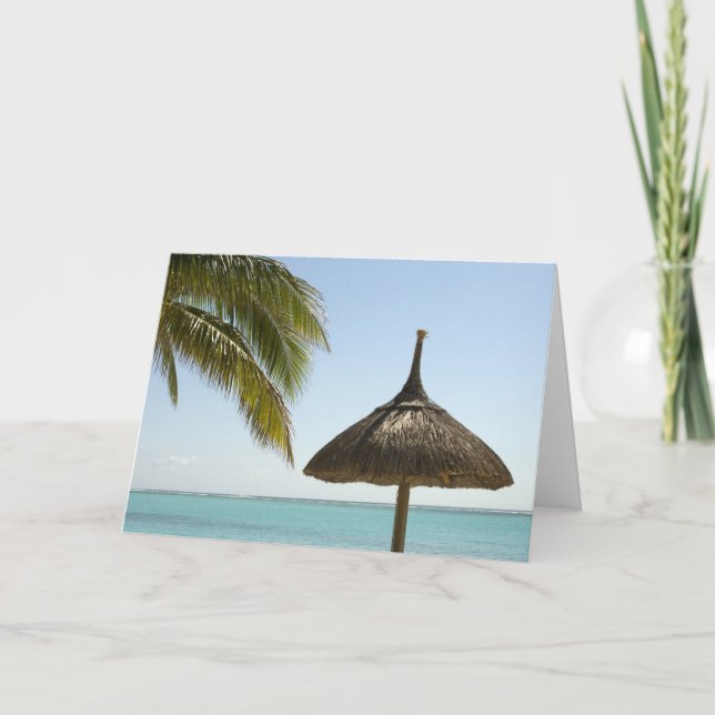 Tarjeta Festiva Mauricio. Idílica escena de playa con paraguas (Anverso)