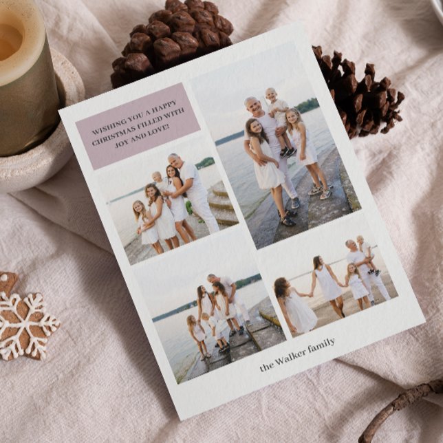 Tarjeta Festiva Mauve Modern Neutral 4 Photo Elegant (A modern four-photo Christmas card with clean design and neutral festive details.)