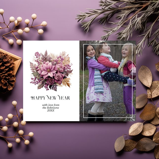 Tarjeta Festiva Mauve y Gold Holly e Ivy New Year's (Subido por el creador)