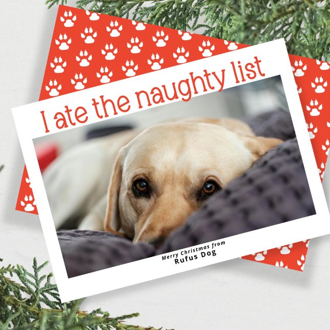 Tarjeta Festiva Me Comí La Fotos De Los Navidades De Perro De La L (I Ate The Naughty List Dog Christmas Photo Holiday Card by Ricaso. Funny pet themed cards, add photo)