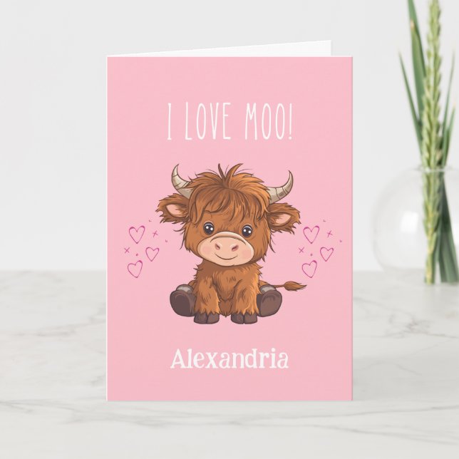 Tarjeta Festiva Me encanta Moo Highland Cow Valentine (Anverso)