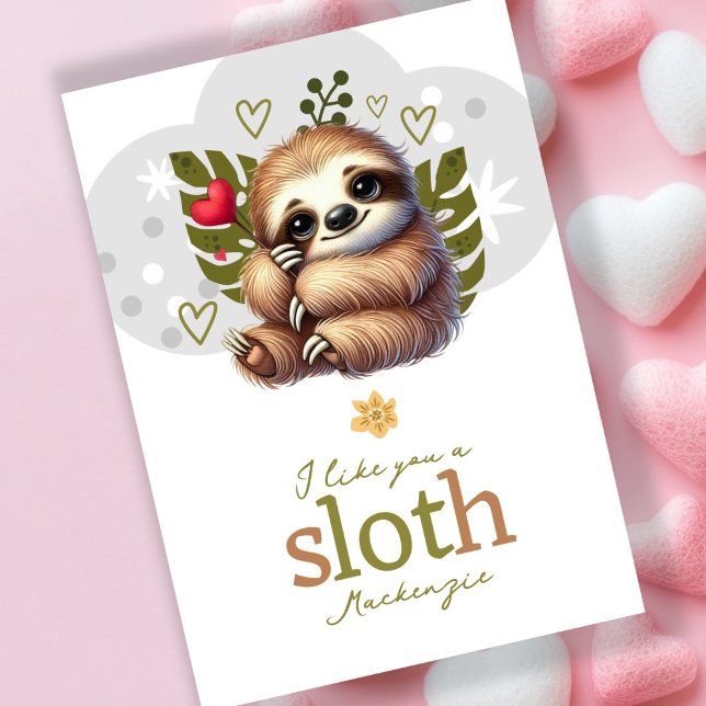 Tarjeta Festiva Me gustas un perezoso San Valentín personalizado (I like you a sloth personalized Valentines Holiday Card by Ricaso. Like you a lot cute sloth cards)