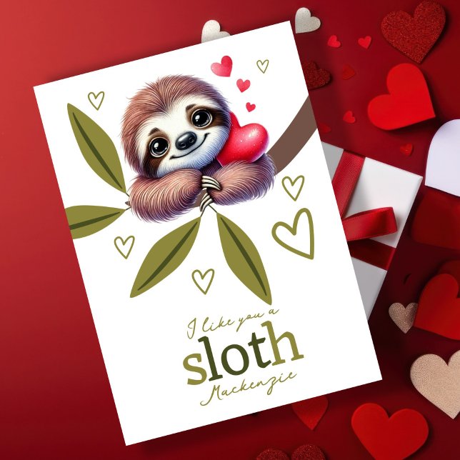 Tarjeta Festiva Me gustas un perezoso San Valentín personalizado (I like you a sloth personalized Valentines Holiday Card by Ricaso. I love you a lot cute sloth card)