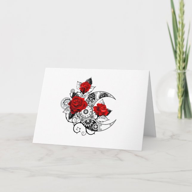 Tarjeta Festiva Media luna mecánica con rosas rojas (Anverso)