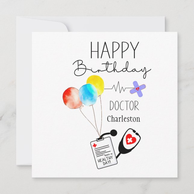 Tarjeta Festiva Médica Feliz cumpleaños, globos planos (Anverso)
