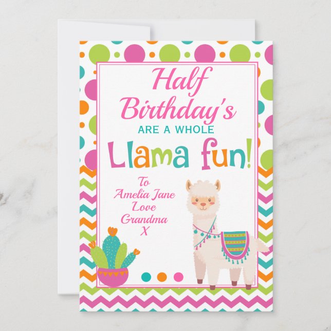 Tarjeta Festiva Medio cumpleaños de Llama Fun entera (Anverso)