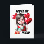 Tarjeta Festiva Mejores amigos deseos de valentine chica caucásico<br><div class="desc">Un adorable chica caucásico con el pelo largo y brillante de la morena lleva puesto un tee azul pálido y rojo y sostiene un montón de globos con forma de corazón rojo. Ella está puesta en un fondo blanco y las palabras "eres mi mejor amiga" aparecen en negrita con letras...</div>