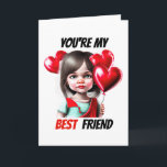 Tarjeta Festiva Mejores amigos deseos de valentine chica caucásico<br><div class="desc">Un adorable chica caucásico con el pelo largo y brillante de la morena lleva puesto un tee azul pálido y rojo y sostiene un montón de globos con forma de corazón rojo. Ella está puesta en un fondo blanco y las palabras "eres mi mejor amiga" aparecen en negrita con letras...</div>