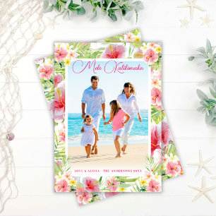 Tarjeta Festiva Mele Kalikimaka Foto Navideña Floral Tropical