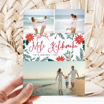 Tarjeta Festiva Mele Kalikimaka | Hawaiian Christmas Photo Collage<br><div class="desc">Send holiday greetings to friends and family, island-style, with our tropical holiday photo cards. Design features three favorite photos with the Hawaiian Christmas greeting "Mele Kalikimaka" in the center in red hand lettered typography, flanked by vibrant red poinsettia flowers and holly leaves. Personalize with your names and the year beneath....</div>