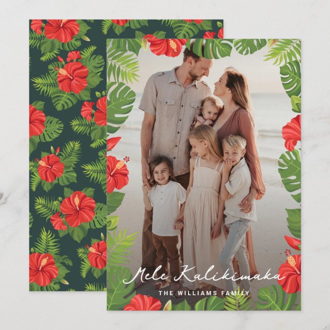 Tarjeta Festiva Mele Kalikimaka Navidades de fotografía tropical f (Anverso / Reverso)