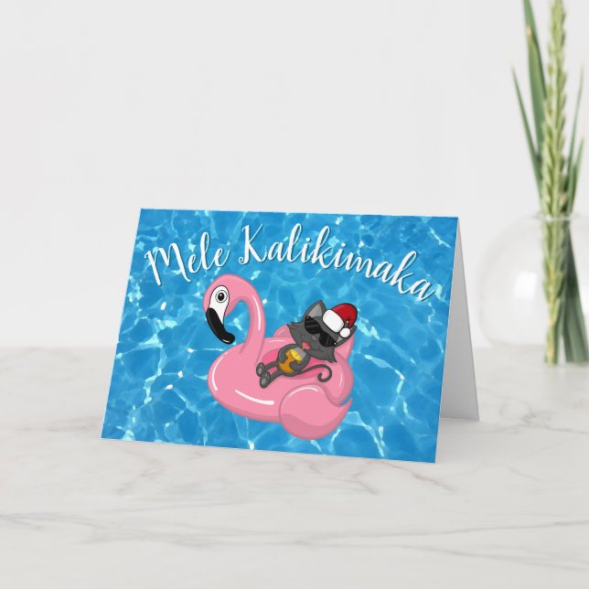 Tarjeta Festiva Mele Kalikimaka Navidades Flamingo gato hawaiano (Anverso)