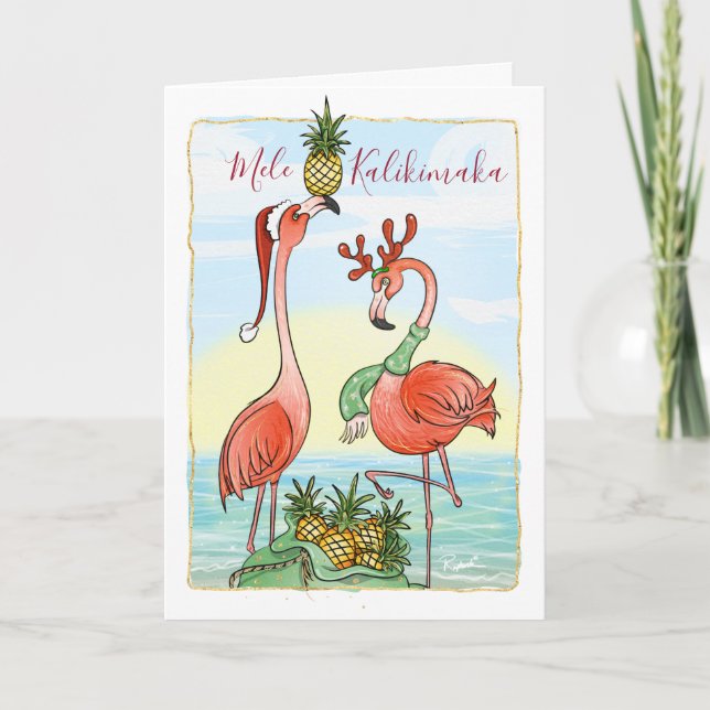 Tarjeta Festiva Mele Kalikimaka Navidades Flamingo Rosa (Anverso)