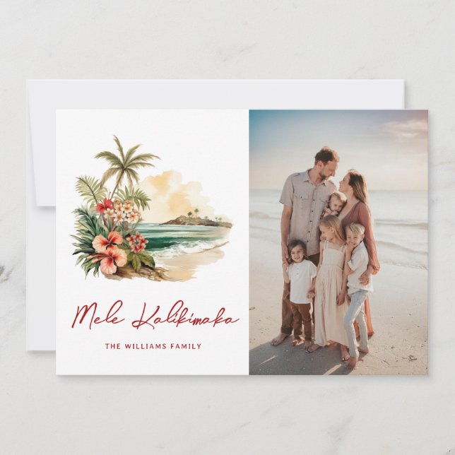 Tarjeta Festiva Mele Kalikimaka Watercolor Beach Floral Foto (Anverso)