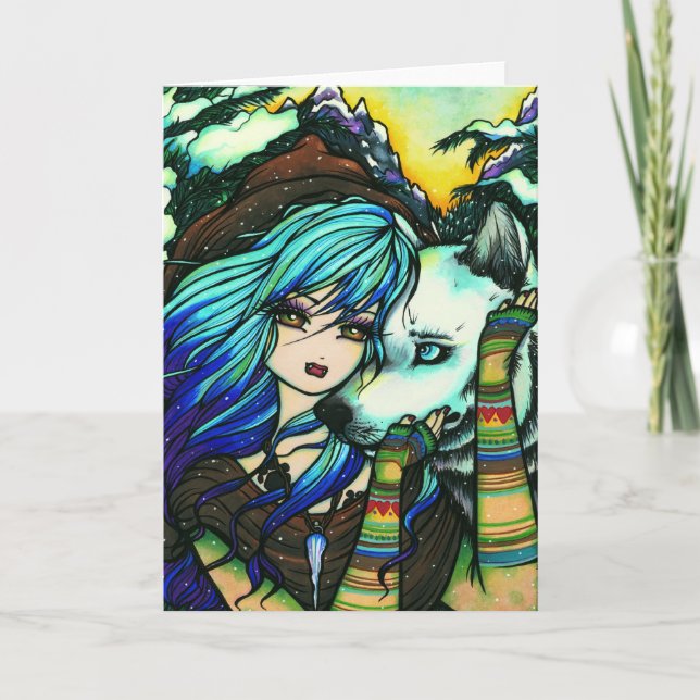 Tarjeta Festiva Melissa Vampire Wolf Fantasy Winter Art (Anverso)