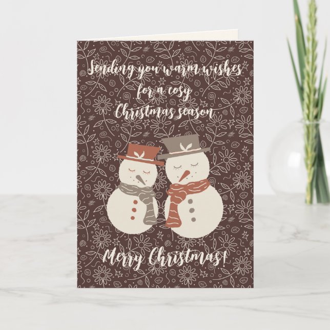 Tarjeta Festiva Mellow Snowmen - ¡Feliz Navidad! rojo editable v3 (Anverso)