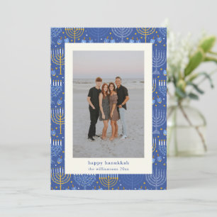 Tarjeta Festiva Menorá azul amarilla moderna de Hanukkah dos fotos