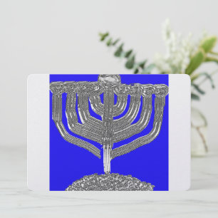 Tarjeta Festiva Menorá azul y plateada de Hanukkah