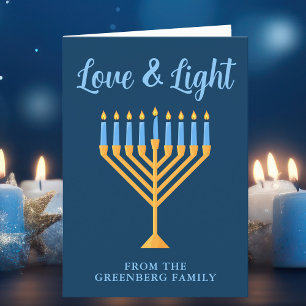 Tarjeta Festiva Menorá de Hanukkah azul dorado personalizada Love
