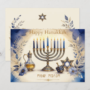 Tarjeta Festiva Menorá de Hanukkah personalizada azul y dorada