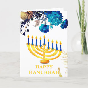 Tarjeta Festiva Menorá moderna azul y dorada Feliz Janucá Festivo