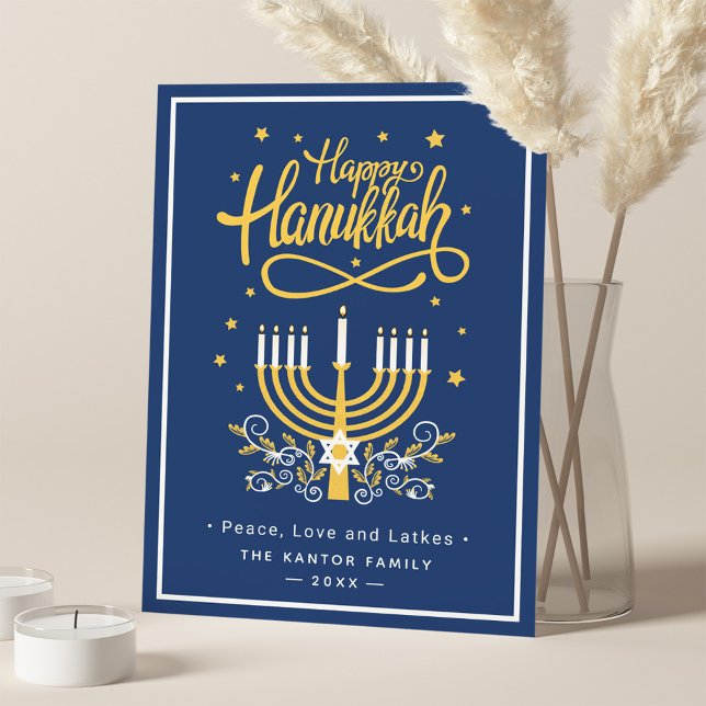 Tarjeta Festiva Menorah azul clásico y amarillo feliz Hanukkah (Subido por el creador)