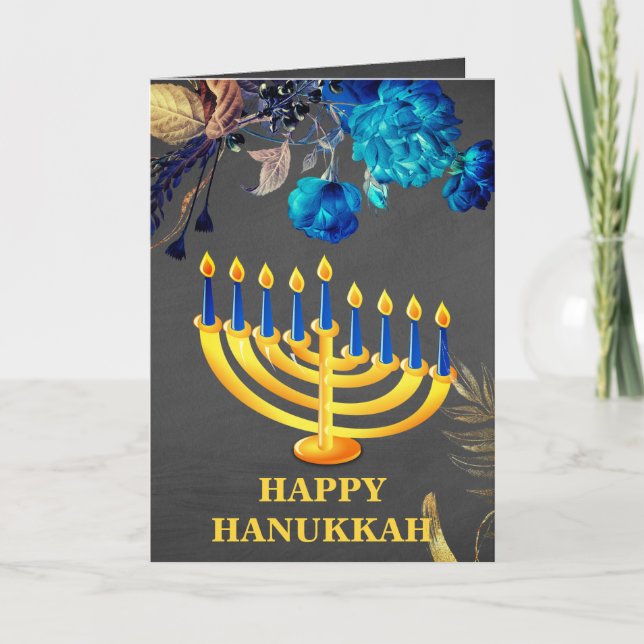 Tarjeta Festiva Menorah azul y oro moderno Feliz Hanukkah (Anverso)