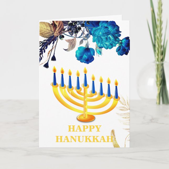 Tarjeta Festiva Menorah azul y oro moderno Feliz Hanukkah Holi (Anverso)