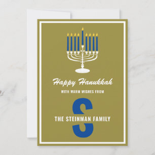 Tarjeta Festiva Menorah Candle Monogram Nombre de la familia Happy
