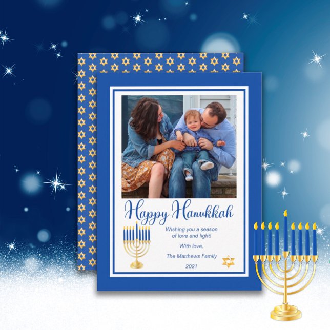 Tarjeta Festiva Menorah con luces Happy Hanukkah Family Photo (Subido por el creador)