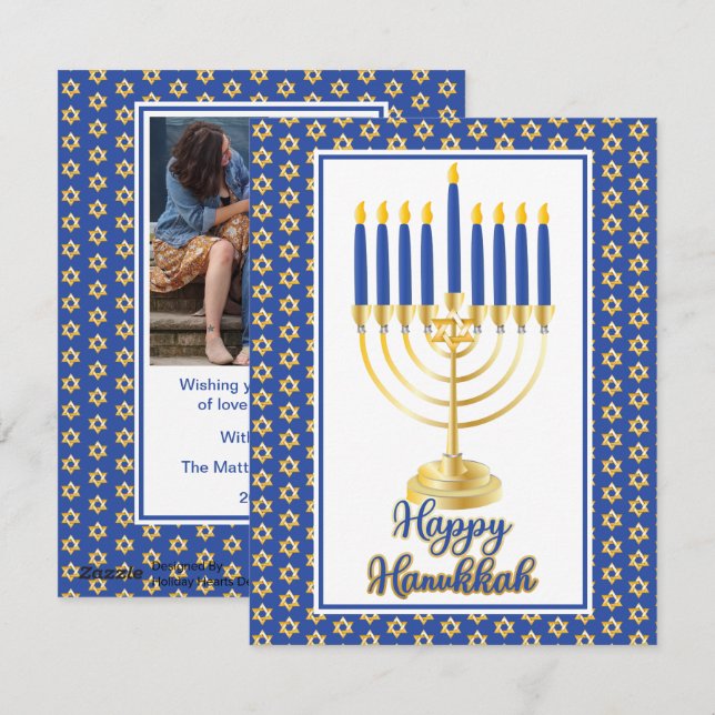 Tarjeta Festiva Menorah con luces Happy Hanukkah Family Photo (Anverso / Reverso)