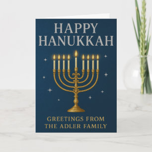 Tarjeta Festiva Menorah elegante, estrellas y Hanukkah azul real