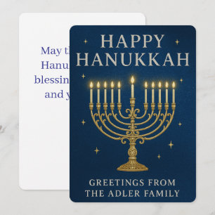 Tarjeta Festiva Menorah elegante, estrellas y Hanukkah azul real