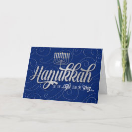 Tarjeta Festiva Menorah en Hanukkah azul y plata