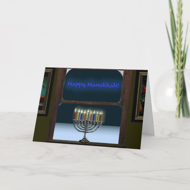 Tarjeta Festiva Menorah En La Ventana (Anverso)