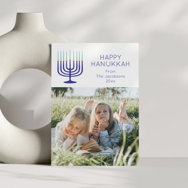 Tarjeta Festiva Menorah simple moderna Hanukkah Dos fotos (Subido por el creador)