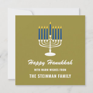 Tarjeta Festiva Menorah White Blue Gold Family Name Happy Hanukkah